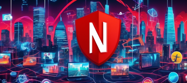 An artistic representation of a digital world, showcasing various free VPN logos connected by vibrant lines to the Netflix logo. Incorporate elements that symbolize streaming, such as film reels and popcorn, against a backdrop of a futuristic city skyline. The overall atmosphere should reflect connectivity, technology, and entertainment, capturing the essence of popular VPN services that work seamlessly with Netflix in 2023.