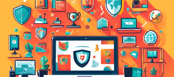 Create an image illustrating a stylish Chromebook on a desk, surrounded by digital security icons like shields, locks, and a globe. Include visual elements symbolizing free VPNs, such as badges or banners that say Free VPN in vibrant colors. The background should depict a cozy home office setting with a calming atmosphere, emphasizing online safety and privacy.