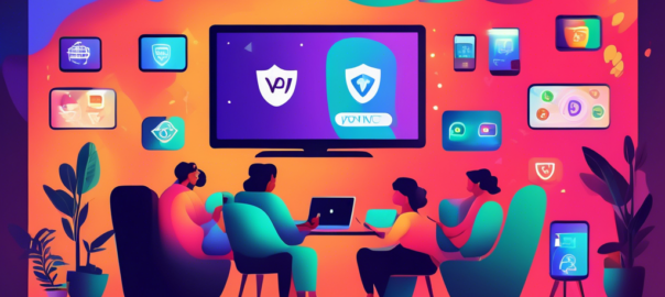 An illustrated scene depicting a cozy living room setup with a person comfortably watching their favorite shows on a large TV, surrounded by various devices like laptops and tablets. A visual representation of multiple free VPNs, shown as colorful, shield-like icons floating in the air, symbolizing online safety and privacy. The background features streaming service logos, emphasizing the idea of accessing content securely and freely.