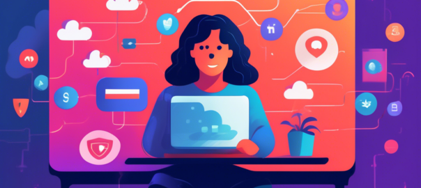 Create an illustration of a person sitting at a computer, using a VPN service while chatting on Omegle. The background should depict a digital world with floating icons symbolizing privacy and security, like locks and shields. The atmosphere should convey a sense of safety and anonymity, with visual elements representing free VPN options. Utilize a modern, tech-savvy aesthetic.