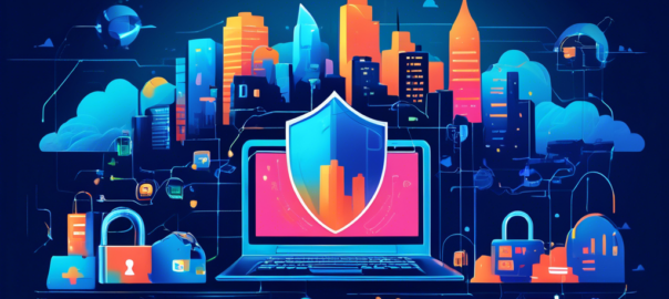 An illustrated guide to secure browsing featuring a digital landscape. Include a prominent shield symbol representing protection, a computer screen with the Hotspot Shield interface, and a vibrant city skyline with secure connections represented by glowing lines. Incorporate elements like padlocks, web browsers, and a globe to emphasize global online safety. Use a modern and tech-friendly color palette.