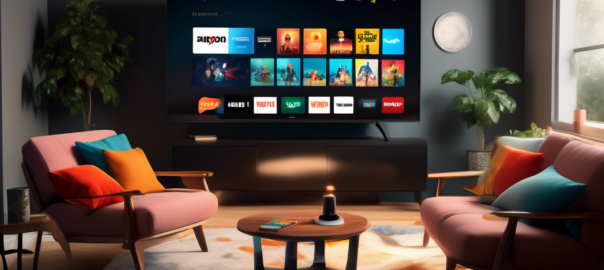 An imaginative living room scene featuring a sleek Amazon Firestick streaming device connected to a modern television, displaying vibrant content, with a digital representation of a shield symbolizing digital security and privacy. The setting should evoke a cozy atmosphere with a sofa, popcorn, and a family enjoying a movie night, while graphical elements illustrate the concept of a free VPN enhancing their streaming experience.