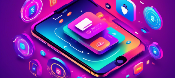 Create an illustration of a sleek iPhone displaying various free VPN app icons on its screen, set against a digital backdrop symbolizing online security and privacy. Incorporate elements like a digital lock, shield, and flowing data to emphasize protection and anonymity in the online world. Use a modern and vibrant color palette to enhance the tech-savvy vibe of the image.