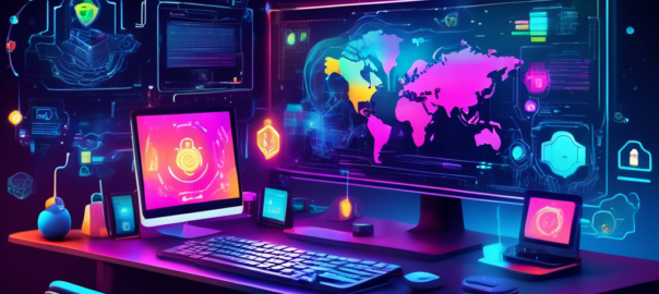 Create an image of a futuristic computer workspace featuring a sleek PC monitor displaying a vibrant VPN interface. Include elements like a digital lock being unlocked, colorful data streams flowing through the air, and icons representing online security and privacy. The background should suggest a high-tech environment, with glowing screens and abstract network patterns, symbolizing the freedom and protection that comes with using a top-notch VPN.