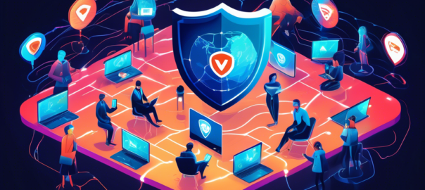 An illustrative scene depicting a digital landscape filled with various VPN logos, with a large shield symbolizing online privacy in the center. Surrounding the shield are diverse individuals using laptops and smartphones, connected by glowing lines representing secure internet connections. The background features a stylized world map, highlighting the global reach of safe VPN services. The overall mood is futuristic and tech-savvy, emphasizing the importance of online security and freedom.