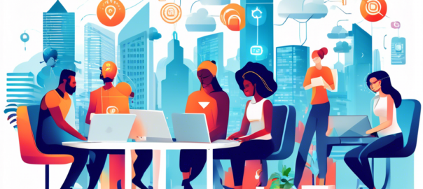 An illustration depicting a diverse group of people using various devices (laptops, tablets, smartphones) to connect to an online VPN. Include visual elements like digital locks, cloud symbols, and secure connection icons to represent internet security. The background should feature a bright, futuristic workspace with a city skyline visible through large windows to emphasize the theme of remote connectivity and digital freedom.