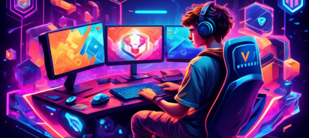 Create an imaginative illustration of a young gamer sitting at a high-tech gaming setup, surrounded by vibrant visuals of gaming worlds, while a digital VPN shield symbol hovers above the scene. The atmosphere should convey a sense of excitement and security, with elements like glowing monitors, game controllers, and streaming data lines in the background to represent an enhanced online experience.