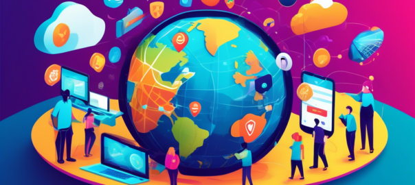 Create an imaginative illustration depicting the concept of a free unlimited VPN. Show a digital landscape with a safe, secure cloud shield protecting users while they browse the internet freely. Include diverse characters happily using devices, symbolizing global connectivity. Incorporate elements like shield icons, digital locks, and a vibrant world map to emphasize privacy and freedom in online activities.