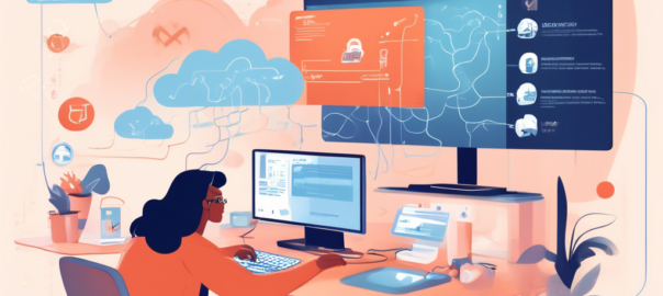 An illustration showing a person sitting at a computer, looking at a tutorial on changing their IP address. The computer screen displays step-by-step instructions with arrows and icons. In the background, there's a digital representation of the internet with clouds and data streams, symbolizing connectivity and technology. The setting should be cozy and casual, like a home office with plants and books around.