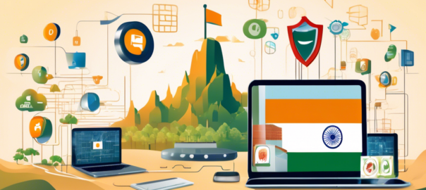 An illustration featuring a modern digital landscape with a prominent Indian flag integrated into a virtual server setup. The scene showcases a secure and encrypted internet connection, emphasizing the concept of free VPN services. Include symbols of privacy and security like locks and shields, surrounded by graphics of diverse users accessing the internet safely from various devices such as laptops, smartphones, and tablets.