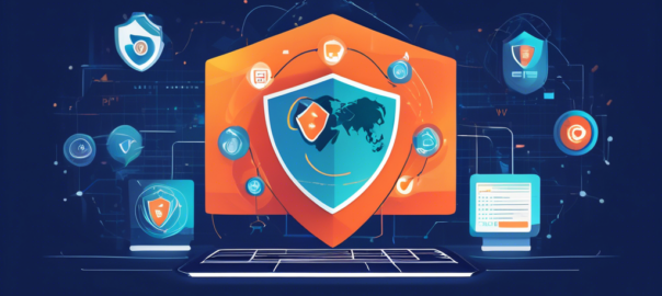 Create an engaging and informative illustration representing online privacy and cybersecurity, featuring a virtual private network (VPN) concept. Include elements like a shield symbol to signify protection, a globe with digital connections, and a stylized computer screen displaying the VPN360 logo. The background should depict a digital landscape with network lines and privacy icons, emphasizing the importance of secure online browsing and personal data protection.